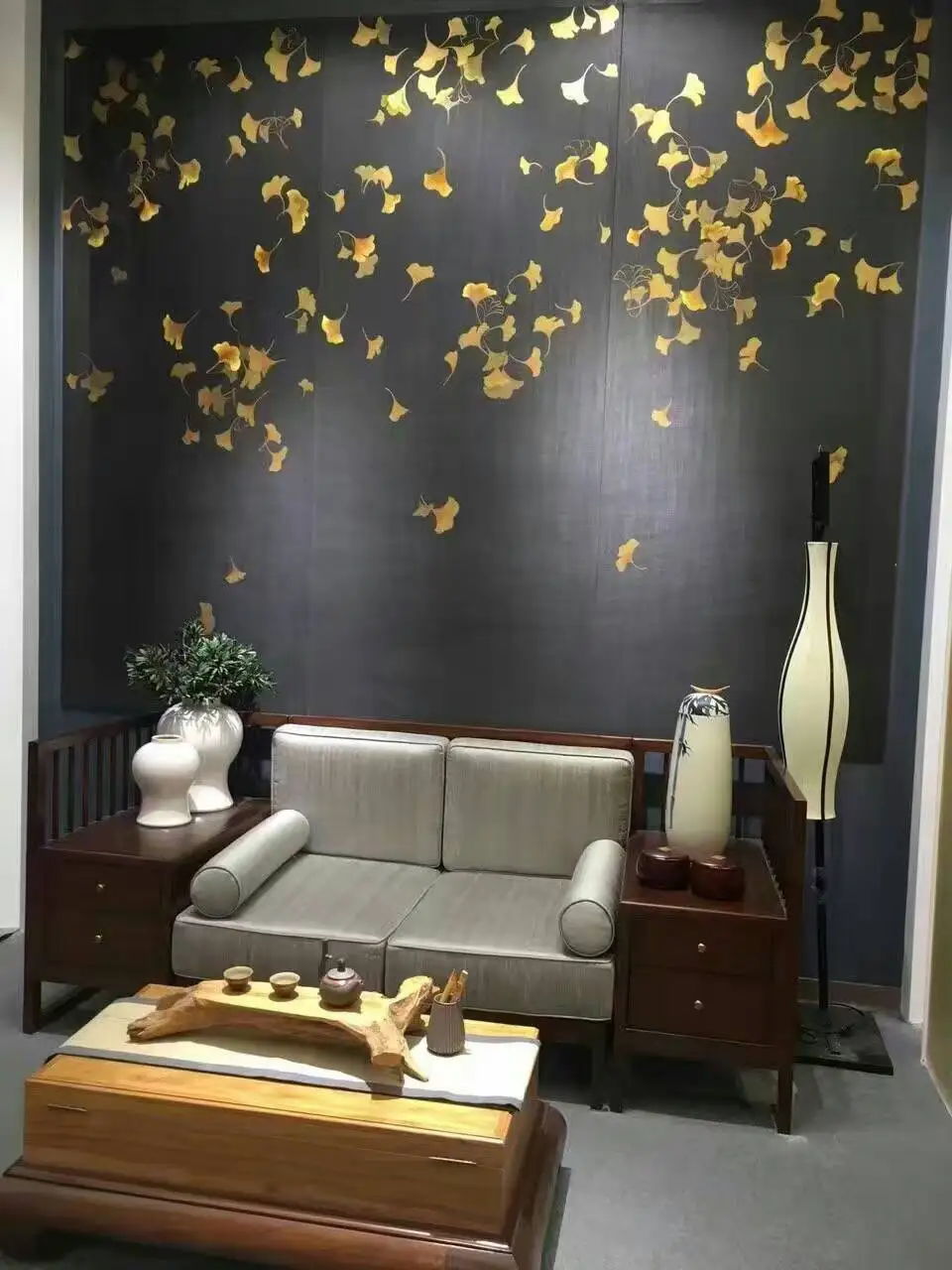 

Hot Hand-painted silk wallpaper painting Ginkgo biloba with birds HAND PAINTED wall paper many patterns and background optional