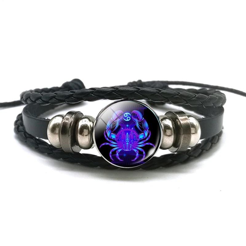 DropShiping Gemini Cancer Leo Virgo Libra Scorpio 12 Constellation Black punk Leather Bracelet Zodiac Bracelet for Men Women