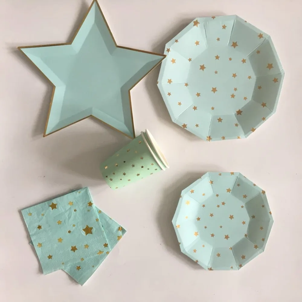 Фольга звезды одноразовые посуда бумажные тарелки для вечеринки чашки, ребенок, душ бумага для свадьбы принадлежности День Рождения украшения для детей