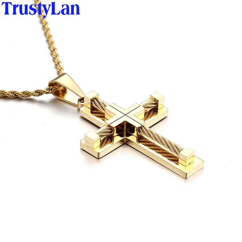 Classic Black Gold Color Stainless Steel Cross Necklaces & Pendants For