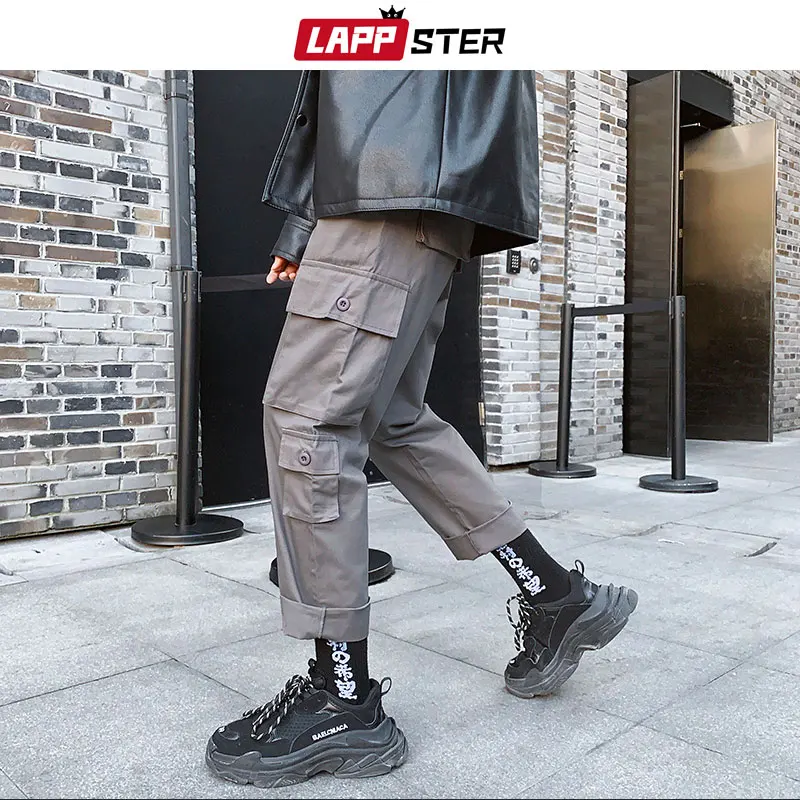 

LAPPSTER Men Streetwear Black Cargo Pants Pathchwork 2019 Mens Harajuku Hip Hop Track Pants Japanese Fashions Khaki Sweatpants