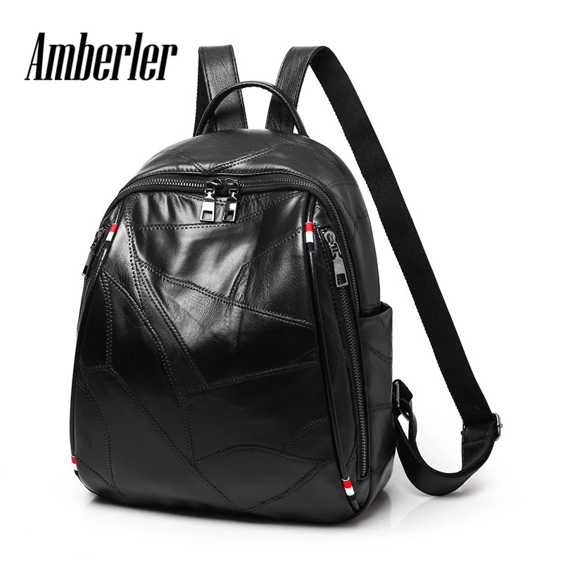 Amberler Genuine Leather Women Backpack Solid School Bags For Teenager