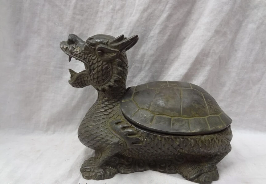 

S2732 9" Chinese Bronze Buddhism Dragon Turtle Head Statue Box Incense Burner Censer D0318