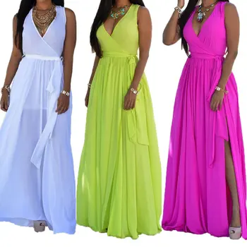 

Customize Summer Fashion Plus Size Sexy Women's Chiffon V Neck Long Maxi High Slit Dress Lady's Sleeveless Dresses with Belt