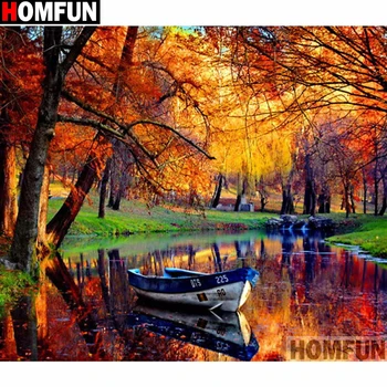 

HOMFUN Full Square/Round Drill 5D DIY Diamond Painting "Autumn tree boat" Embroidery Cross Stitch 5D Home Decor Gift A14352