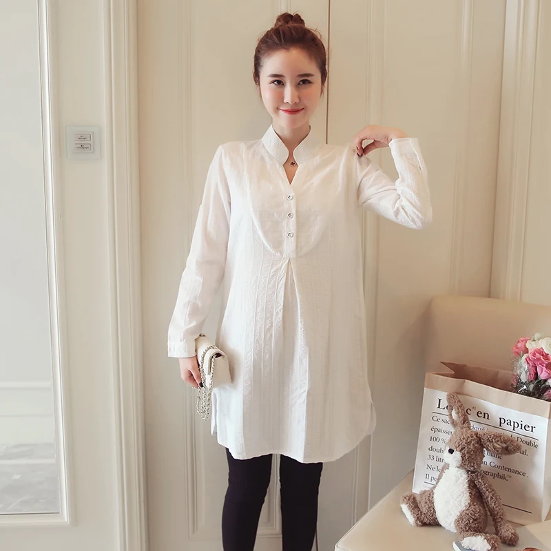 

5502# 2018 Autumn Korean Fashion Maternity Blouses A Line Loose White Cotton Clothes for Pregnant Women Pregnancy Shirts Tops