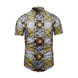 Для мужчин гавайская рубашка Лето 2019 г. Повседневное Slim Fit мандарин Мода Кнопка подпушка цветочный короткий костюм Blebeach рубашки для