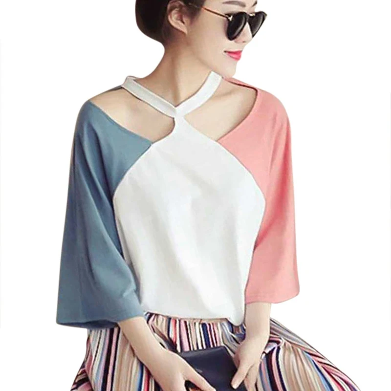 

Ladies Halter Hollow Out Patchwork T-Shirt Women Three Quarter Sleeve Basic Tops