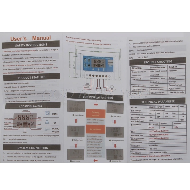 PWM 10/20/30A Dual USB Панели солнечные Батарея регулятор заряда аккумулятора 12/24V ЖК-дисплей