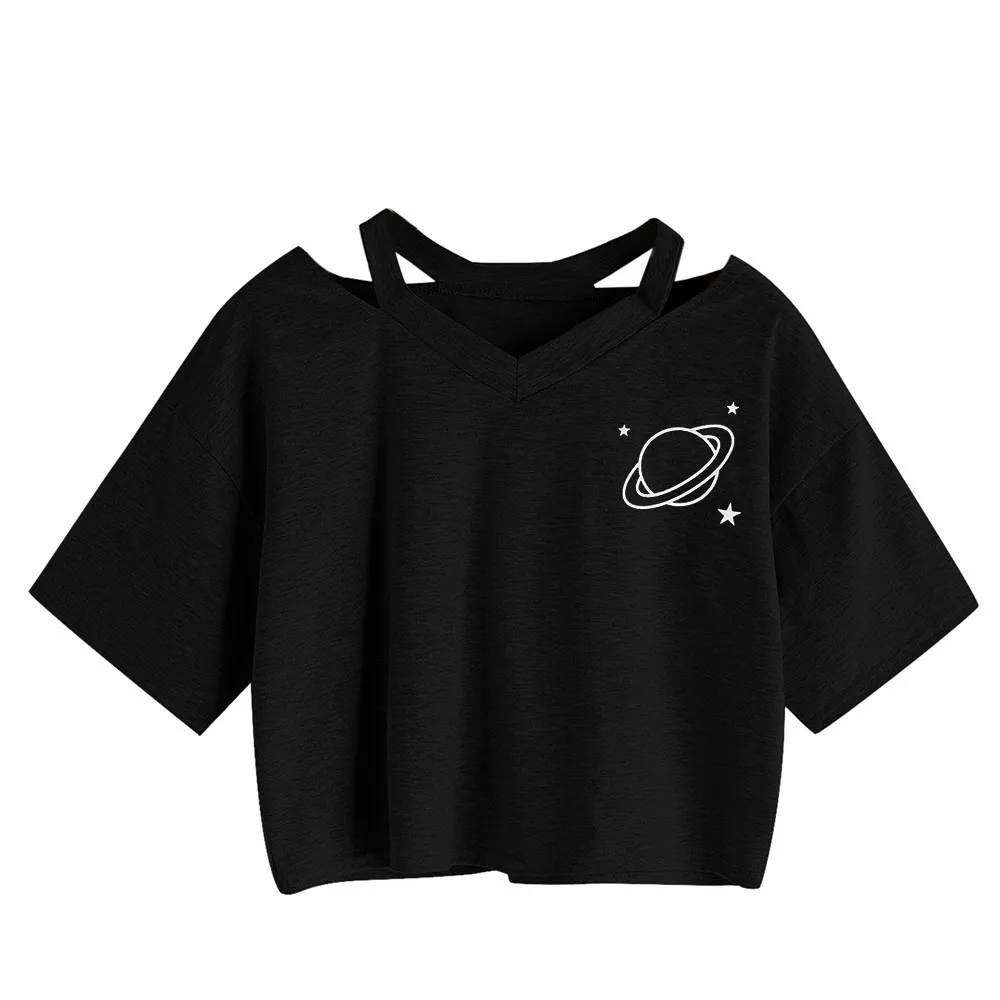 

tshirt women Off Shoulder t-shirt Summer Casual Planet Printed Tank Short Sleeve Top Crop Tops t shirt poleras de mujer moda L3