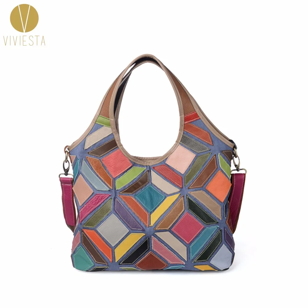 

GEOMETRIC PATCHWORK GENUINE LEATHER HOBO Women's Fashion Stylish Casual Colorful Real Soft Skin XL Large Shoulder Bag Handbag