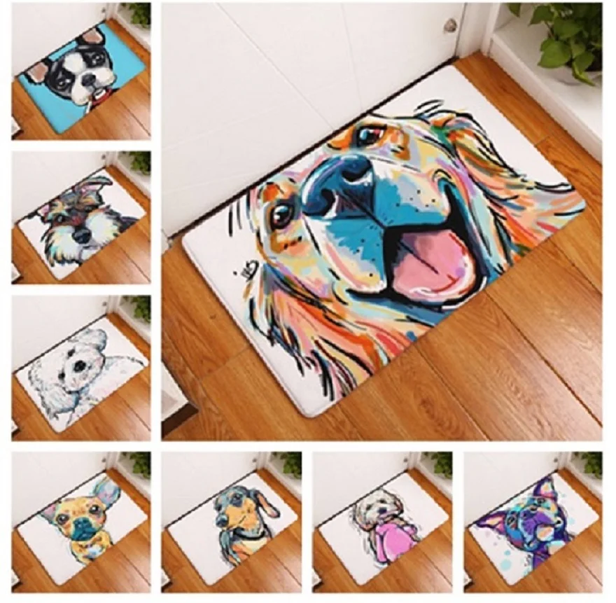 201 Modern Style Flannel Floor Lovely Painting Dog Print Carpets Anti slip Floor Mat Outdoor