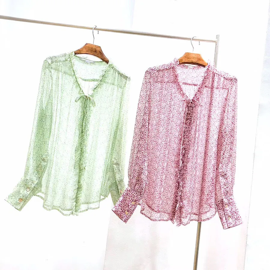 

Top Quality Luxury Blouses 2019 Spring Summer Ruffles Long Sleeve Floral Print Mint Green Rose Runway Loose Blouses Shirts