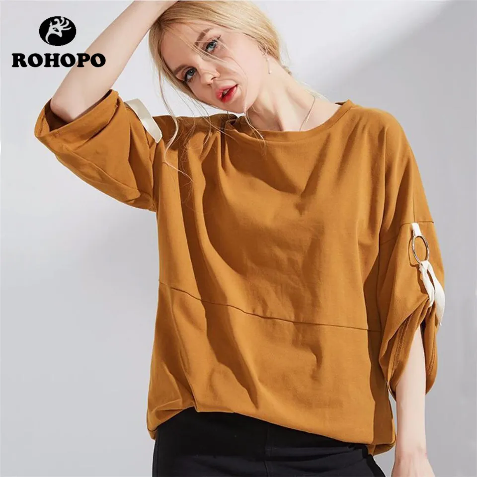 

ROHOPO Shirt Women Female Top Quality Straight Casual Cotton Shirt Woman Summer Breathable Over hip T shirt Girl Long Outwear