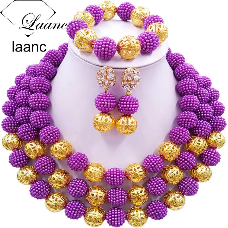 Laanc женские модные африканские бусы комплект ювелирных изделий черное ожерелье нигерийский Свадебный комплект ювелирных изделий 3CZJ003 - Окраска металла: Purple