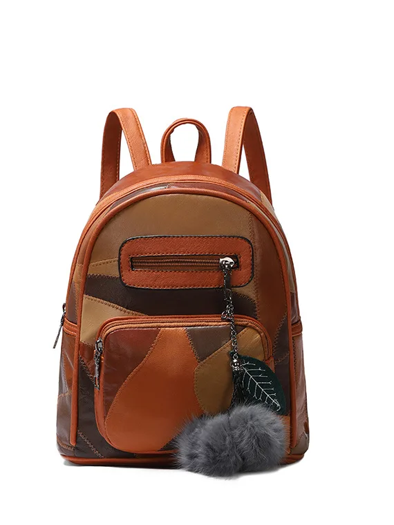 Винтажный лоскутный кожаный женский плюшевый рюкзак с подвеской для путешествий, модная сумка для книг, женская сумка для школы, сумка Mochila с бахромой - Цвет: brown