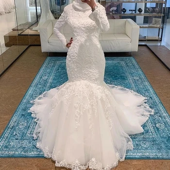 شراء2019 جديد أنماط الفاخرة زيبر عودة قطار المحكمة الزفاف مطرز الدانتيل حورية البحر مسلم فساتين الزفاف Vestido دي Novia HA066