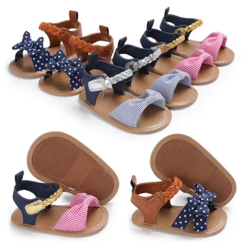 Новинка; милые сандалии на мягкой подошве для маленьких девочек; Летняя обувь; сандалии в полоску с бантом; Размеры 0-18 месяцев