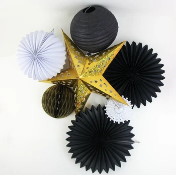 

Gold And Black Adult Birthday Party Decorations 7pc/set With Laser Star Paper Lantern For Events Party New Year Decorations