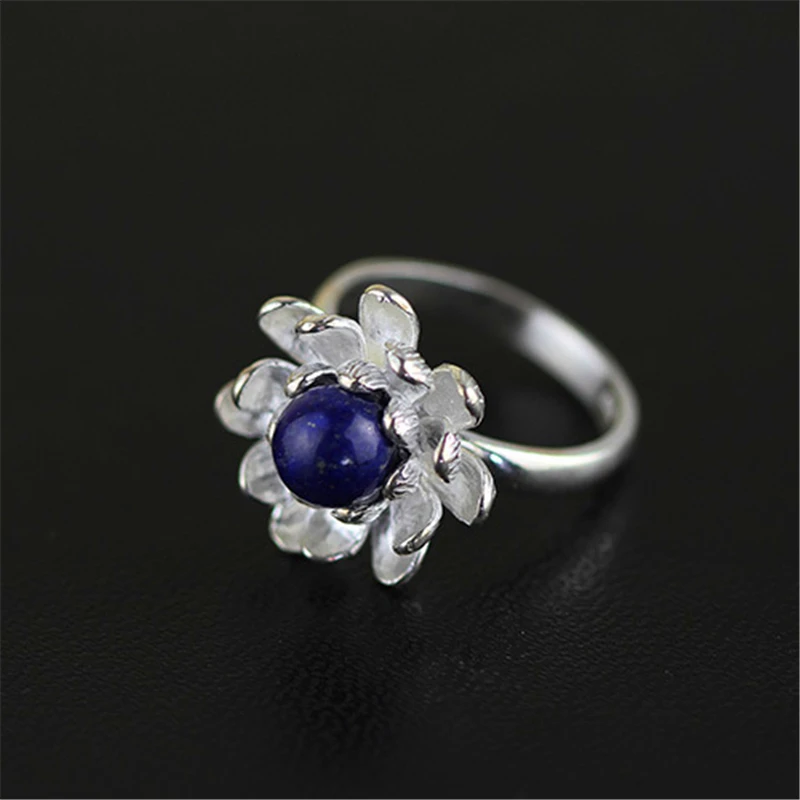 

Lotus Fun Real 925 Sterling Silver Ring Natural Blue Lapiz Handmade Designer Fine Jewelry Blooming Lotus Flower Female Rings
