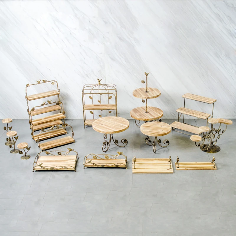 Wood Cake Stands Dessert Tray Bread Baking Shop Display Plates Wedding Home Party Table Decoration Metal Cupcake Stand 1pcs