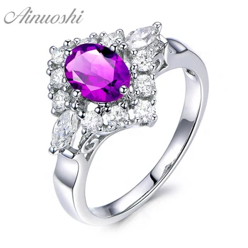 

AINUOSHI Natural Amethyst Halo Ring 1.25ct Oval Cut Gemstone Engagement Party Women Jewelry Genuine 925 Sterling Silver Ring