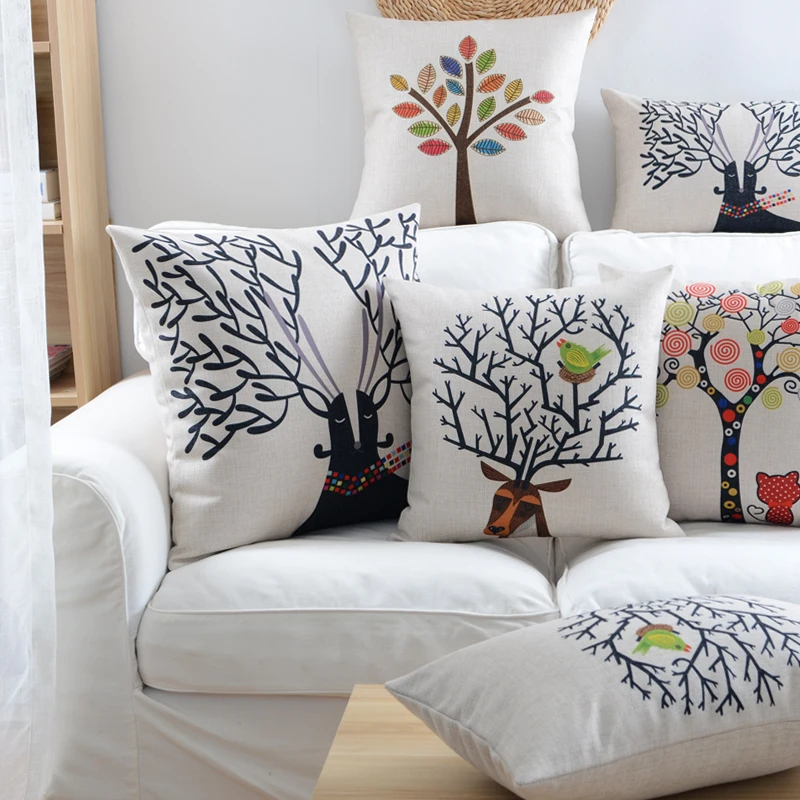 Cushion Cover Vintageblack tree and owl Pillow Case colorful Tree Cherry Blossom Home Decorative Throw | Дом и сад