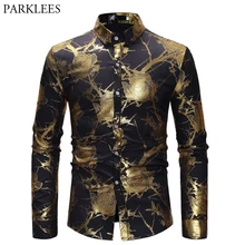 Мужская хипстерская золотисто-розовая рубашка, Мужская сорочка с цветочным принтом Homme, роскошная приталенная мужская одежда с длинным рукавом, черные рубашки Camisa Social