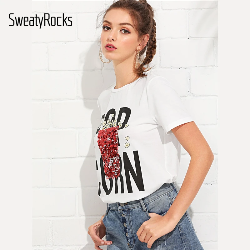 SweatyRocks футболка с буквенным принтом, с блестками и попкорном, с коротким рукавом, кавайная белая футболка, уличная одежда, футболки, летние повседневные женские топы