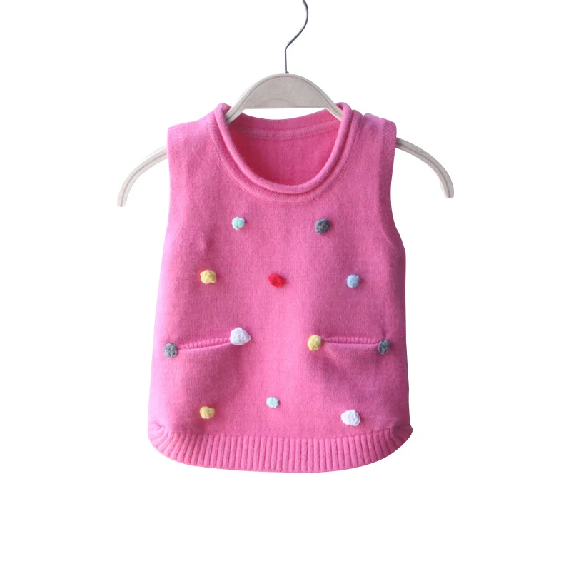 Cotton Dots Vest For Girls Kids Knitting Sweater With Pockets Cute Toddler Girls Sweater