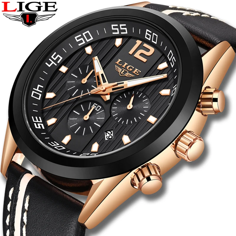 

2019 LIGE Mens Watches Top Brand Luxury Casual Leather Quartz Clock Male Sport Waterproof Watch Gold Watch Men Relogio Masculino