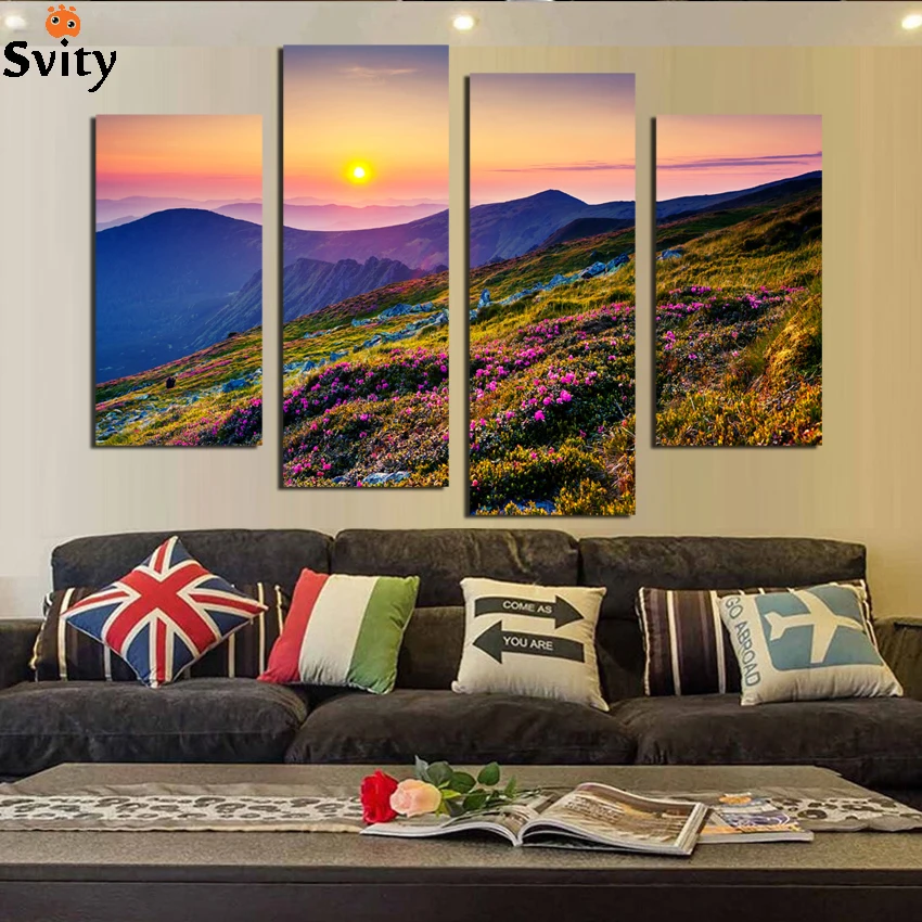 4 Pieces Modern Wall Painting Flowers Mountain Landscape Home Wall Art