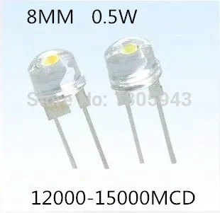 20PCS-500Pieces> LED 8mm straw hat lamp bead are white light 0.5W 0.75W big chips F8MM hight power hat light-emitting diode