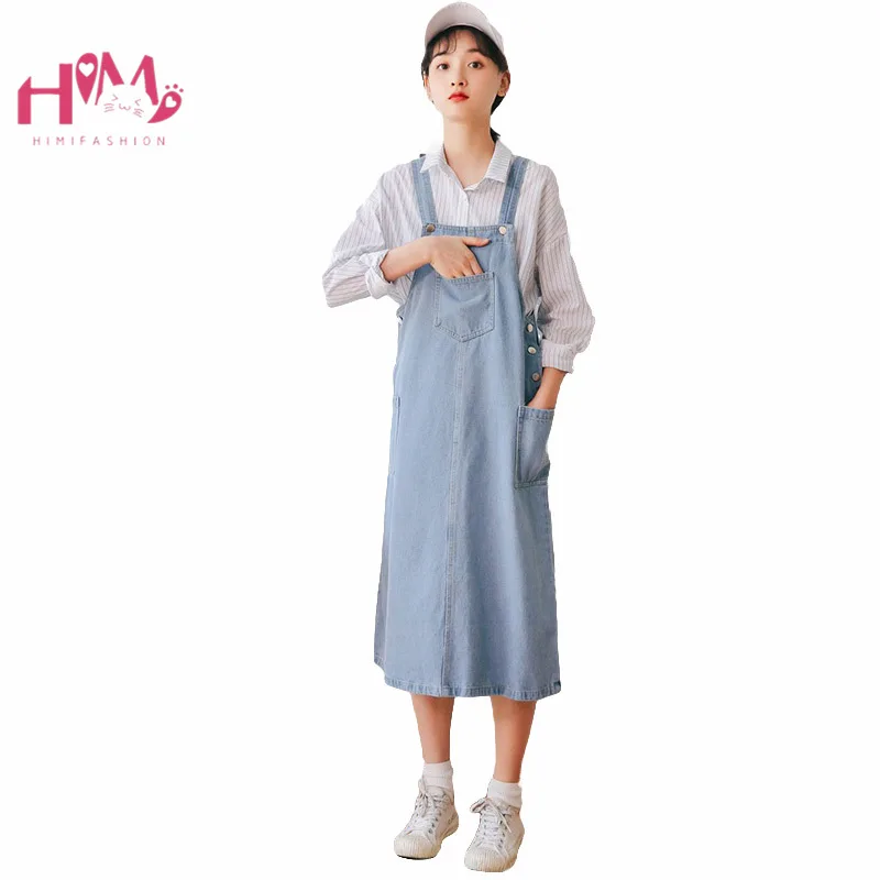 

Vintage Summer Women Denim Dresses Mori Girl Casual Sundress Korean Blue Pocket Strap Jeans Clothes Overall Female Long Dress