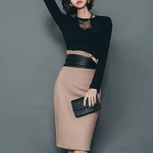 HAMALIEL/весенний женский офисный комплект из 2 предметов, деловая черная юбка с длинными рукавами+ замшевая ткань с высокой талией, юбка миди со шнуровкой