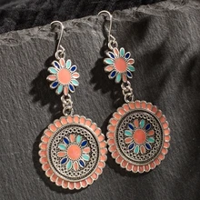 Pendientes largos coloridos bohemios con borlas para mujer, accesorios pendientes de gota huecos al óleo con flor Vintage rosa