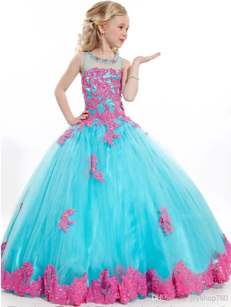 

Blue + red Lace Appliques A-line Scoop Neck Flower Girl Dresses Floor-Length Show dress ball gown custom made