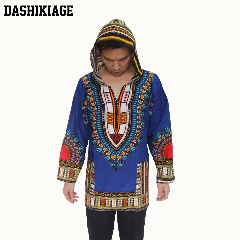 Dashikiage унисекс с длинным рукавом хлопок с капюшоном с 2 карманами традиционные африканские Дашики толстовки - Цвет: blue