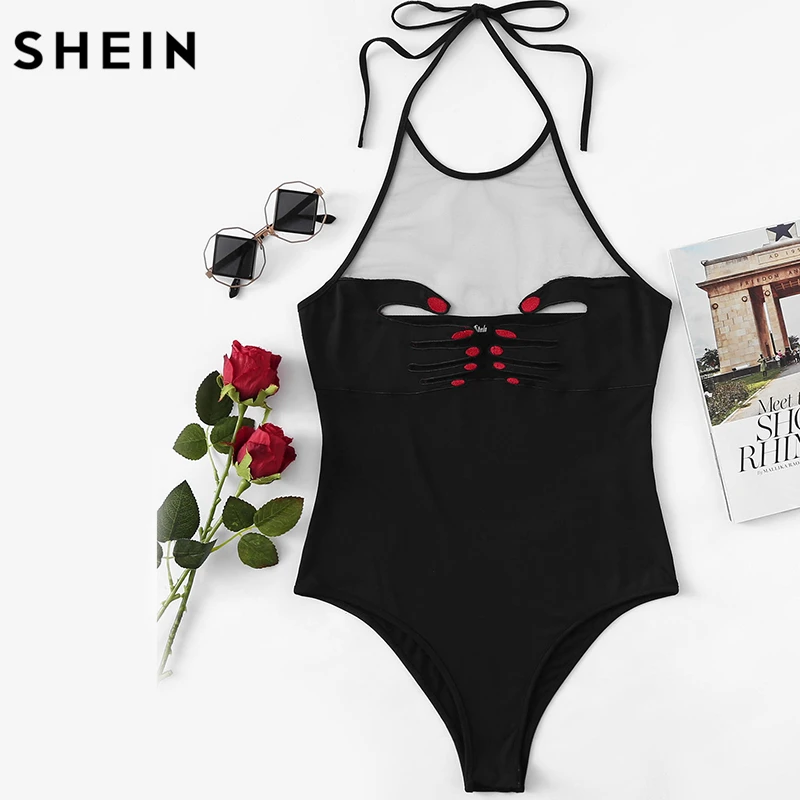 SHEIN Mesh Front Hand Embroidered Halter Bodysuit Sexy Body Suits for Women Black Sleeveless Halter Sexy Bodysuit Body : image SHEIN Mesh Front Hand Embroidered Halter Bodysuit Sexy Body Suits for Women Black Sleeveless Halter Sexy Bodysuit Body