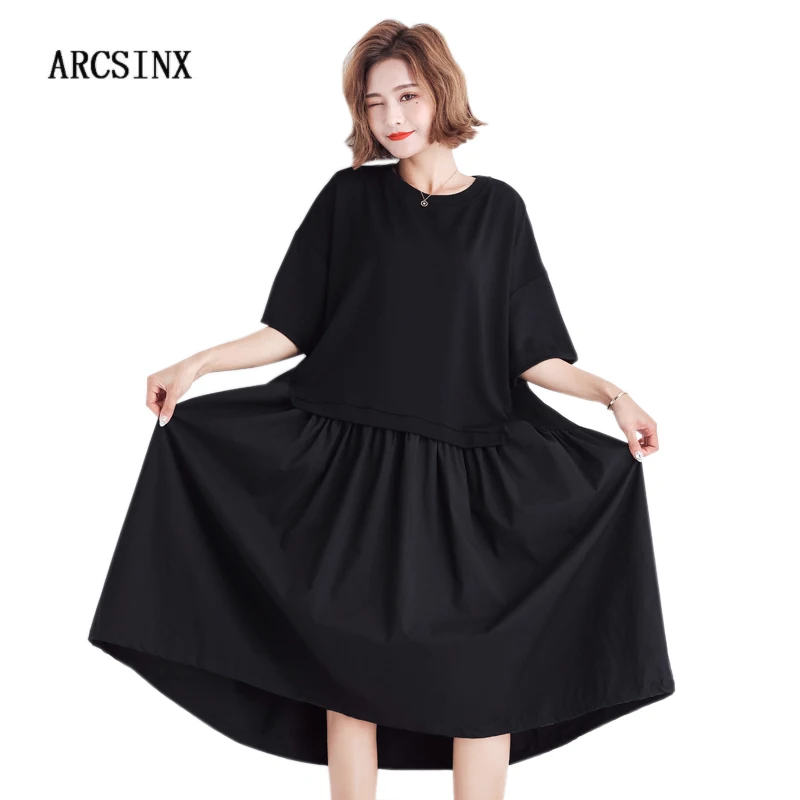 

ARCSINX Black Dress Women Plus Size 4XL 3XL Short Sleeve Cotton Dresses For Women Large Size Korean Sundresses Female Summer