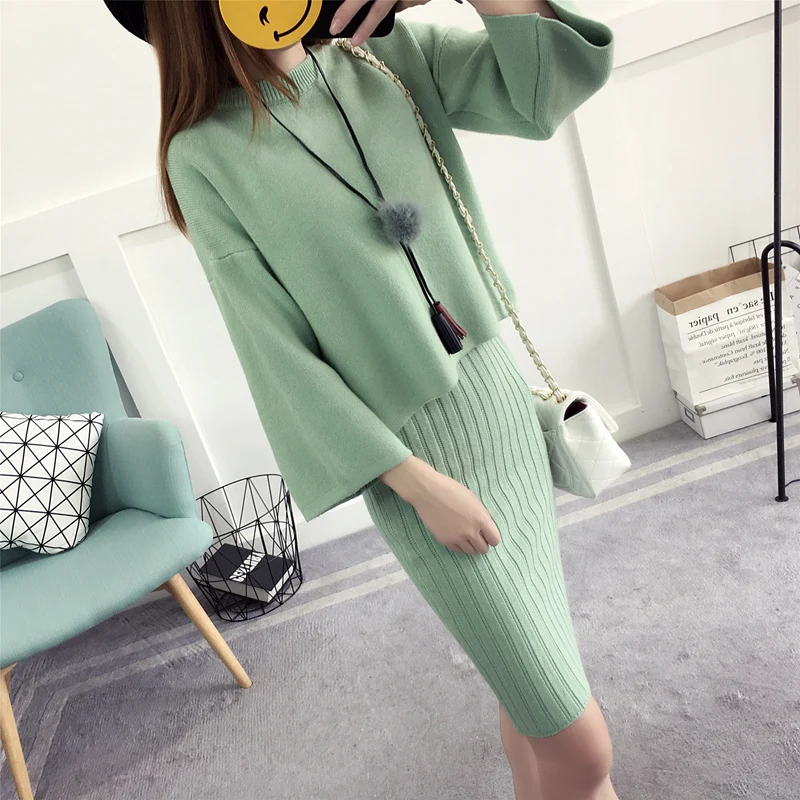 Ly Varey Lin Autumn Winter Womans Sweater+ Straped Mini Dress Sets Solid Color Casual Loose Knitted Sweater Two-pieces Suits