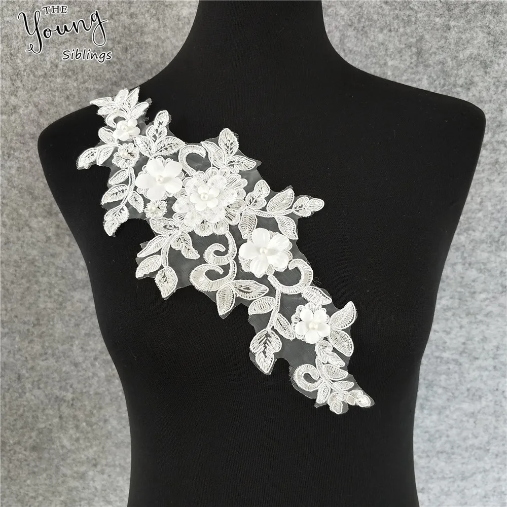 34*13cm White Pearl Lace Applique Organza Bridal Lace Trims Wedding