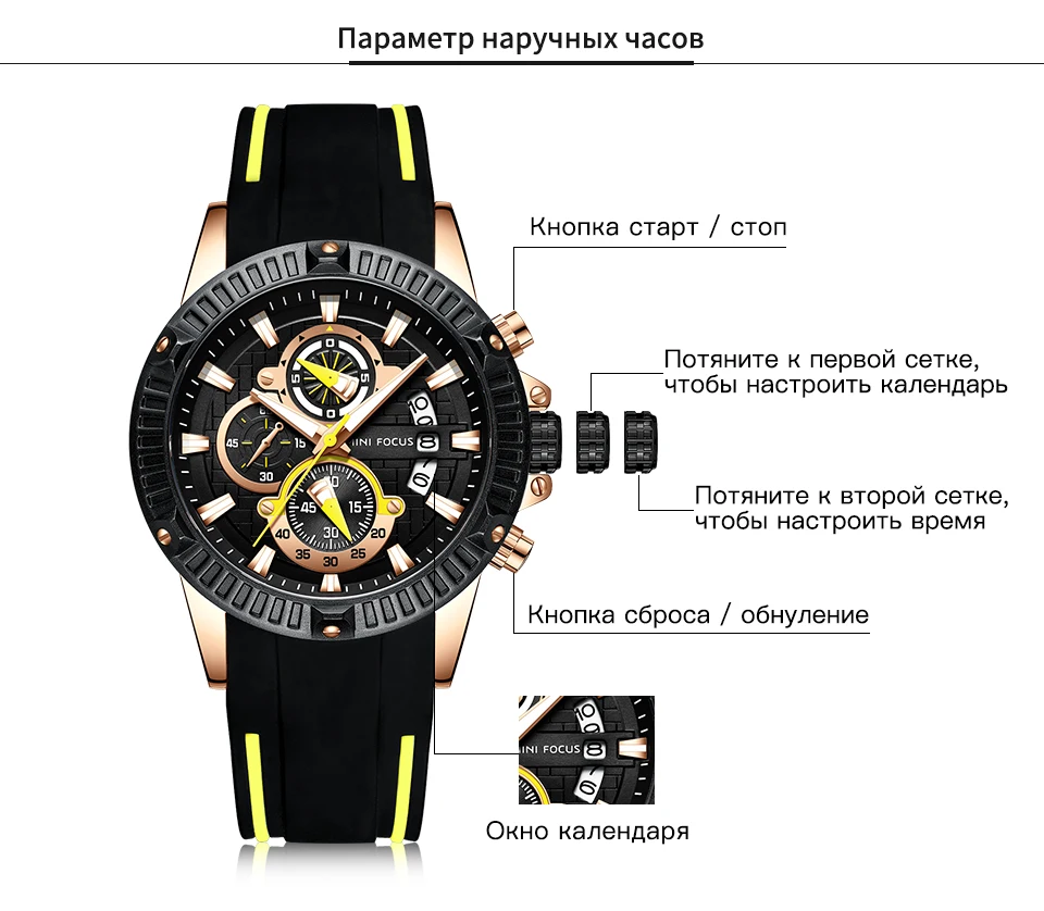 MINIFOCUS хронограф мужские s часы брендовые Роскошные Повседневные Спортивные кварцевые Силиконовые наручные часы водонепроницаемые мужские наручные часы