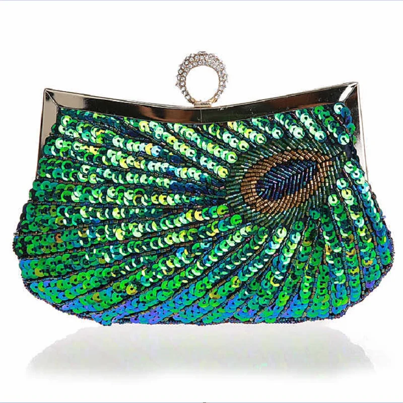 2016 Day Clutches Peocock Sequins Women's Evening Bag Handmade Beaded