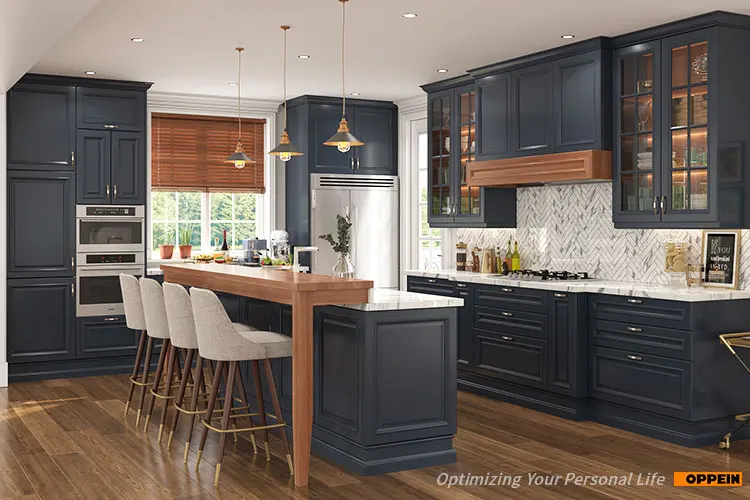 OPPEIN Designer Kithchens Navy Blue Big Kitchen Cabinets with Island