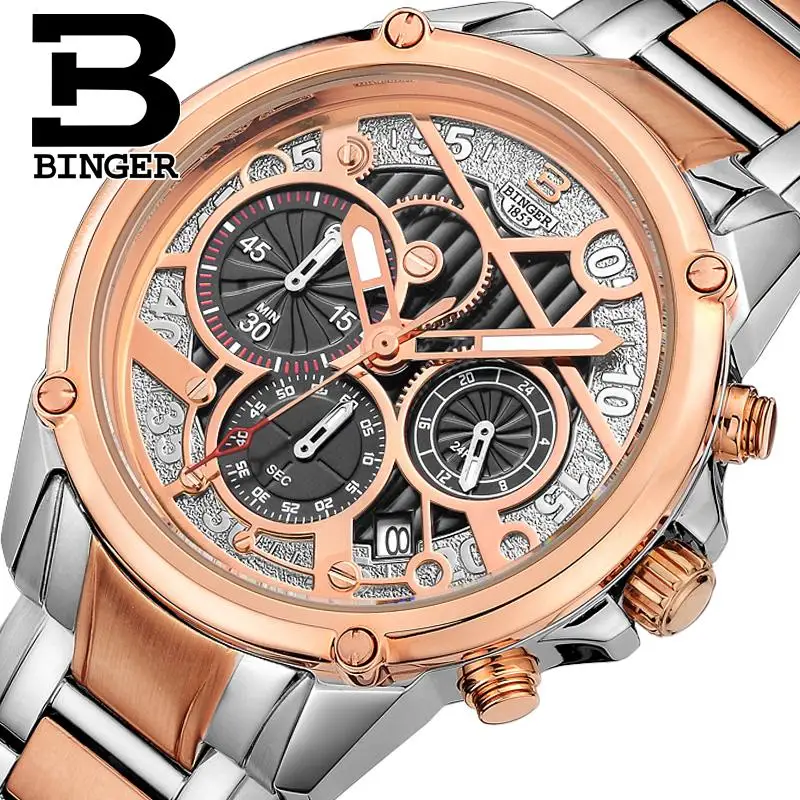 

Luxury Brand Clock Switzerland men's watch BINGER Quartz watches full stainless steel Chronograph Diver glowwatch B-6008-3