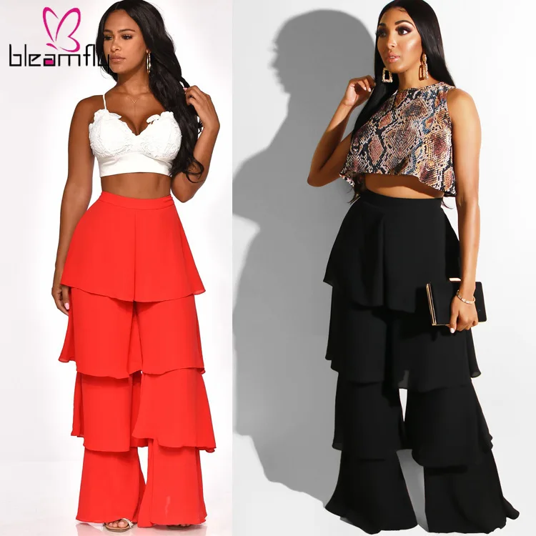 

2019 New Women Summer Cascading Ruffles Splicing Hip Hop Long Pants High Waist Vintage Fashion Wide Leg Trousers Leggings 2color