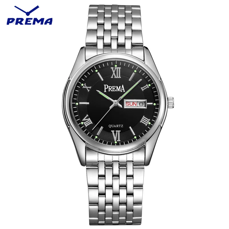 

Watch Men PREMA Quartz Reloj Hombre Stainless Steel Watch Band Roman Numeral Big Dial Calendar Display Relogio Masculino