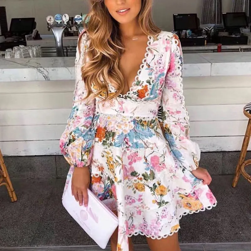 

2019 Runway Women Elegant Boho Floral Print ladies Dress Long Sleeve Beach Flower Hollow Out Puff Sleeve Mini Dresses Vestidos