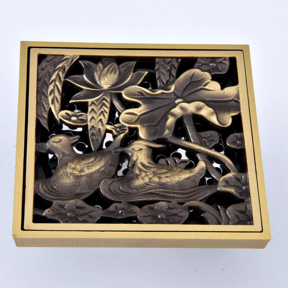 

Antique Brass Vintage Retro Carved Flower Pattern Bathroom Shower Drain 4" Square Floor Drain Waste Grates ahr075